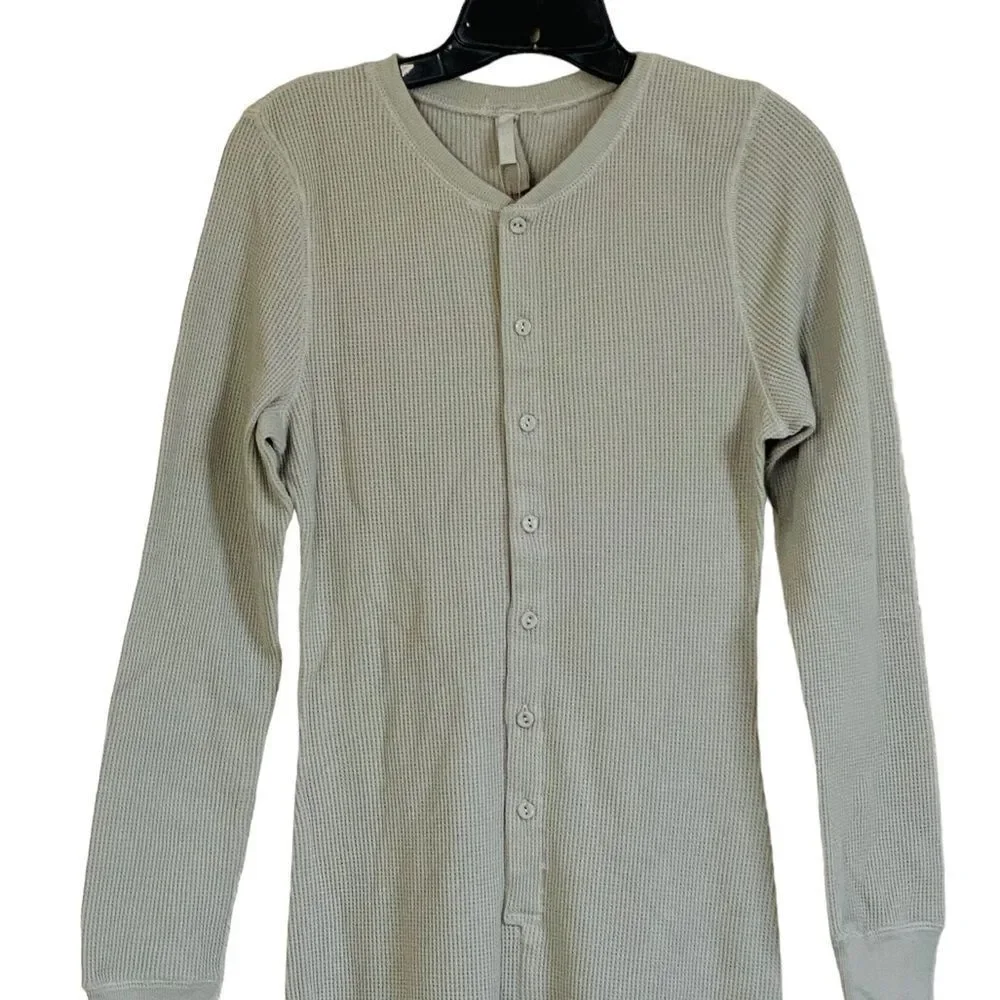 SKIMS Talc Waffle Knit Henley Front Thermal Onesie Sz L NWT